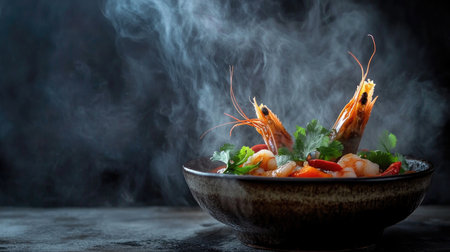 A vibrant bowl of steaming seafood featuring shrimp, fresh herbs, and colorful ingredients, perfect for showcasing culinary expertise and flavor.の素材