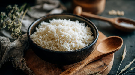 A rustic scene featuring a bowl of freshly cooked white rice, accompanied by a wooden spoon. This cozy kitchen setup highlights natural textures and simple ingredients.の素材