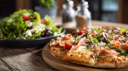 Indulge in a vibrant plate featuring gourmet pizza topped with fresh salmon and arugula, complemented by a colorful salad in a cozy rustic setting.の素材