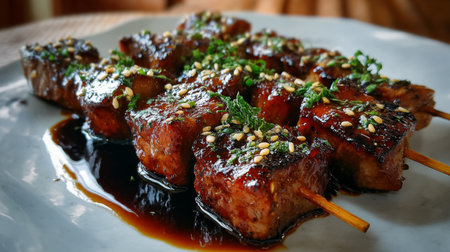 A mouthwatering display of grilled skewers coated in a rich soy sauce glaze, topped with sesame seeds and fresh herbs, perfect for culinary enthusiasts.の素材