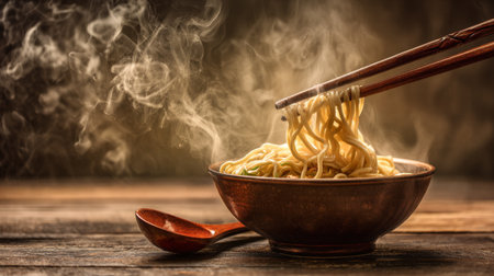 A steaming bowl of noodles held by chopsticks emits a rich aroma, symbolizing the warmth and comfort of traditional Asian dining in a rustic wooden atmosphere.の素材