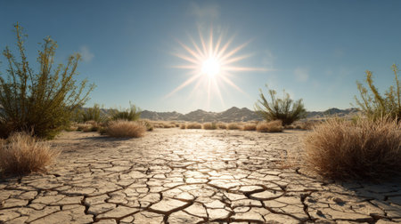 A breathtaking view of a dry desert landscape featuring cracked earth and sparse vegetation under a bright sun and clear blue sky, with distant mountains creating a serene backdrop.の素材