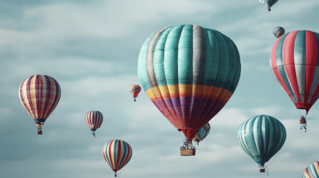 A breathtaking scene of colorful hot air balloons gracefully ascending into a clear sky, offering a vibrant display of colors and patterns against a backdrop of clouds.の素材