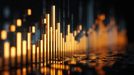 This vivid abstract image showcases sound waves in bright orange and yellow hues, set against a dark background, perfect for digital media and technology themes.の素材