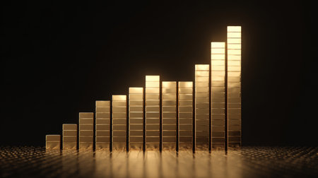 A visually striking golden bar chart symbolizes growth and success, perfect for illustrating financial performance or business achievements in presentations and reports.の素材