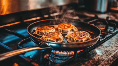 A close-up view of dumplings sizzling in a pan, showcasing steam rising and a delicious golden crust, perfect for food enthusiasts and cooking inspiration.の素材