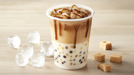 Cold and refreshing iced coffee topped with rich caramel and ice cubes. Perfectly sweetened for a delightful summer treat, ideal for coffee lovers.の素材