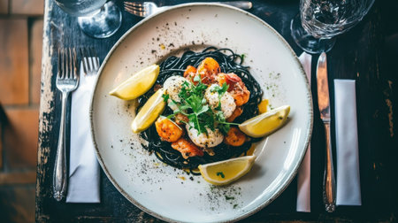 A beautifully presented seafood pasta dish featuring shrimp and black spaghetti, garnished with lemon and fresh herbs. Perfect for gourmet dining.の素材