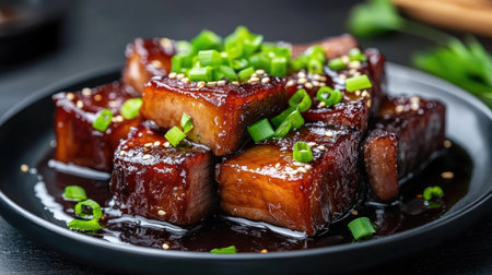 Indulge in a mouthwatering plate of glazed pork belly topped with fresh green onions. This gourmet dish showcases rich flavors and a glossy presentation.の素材