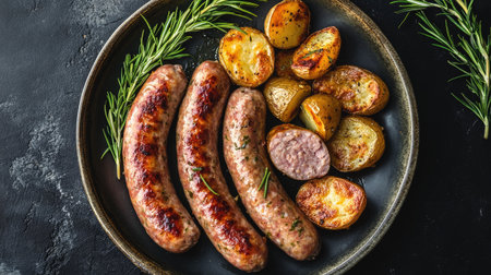 A tantalizing dish featuring grilled sausages paired with golden roasted potatoes, garnished with fresh herbs, perfect for any mealtime delight.の素材