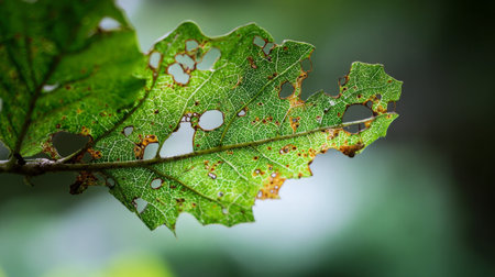 This close-up photograph showcases a damaged green oak leaf detailing natural decay patterns, set against a softly blurred background to highlight its unique textures.の素材