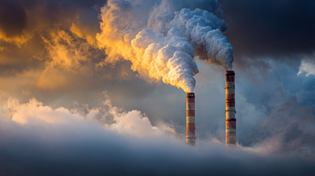 Industrial smokestacks release plumes of smoke into a colorful sky filled with clouds at sunset, highlighting the environmental impact and challenges faced today.の素材