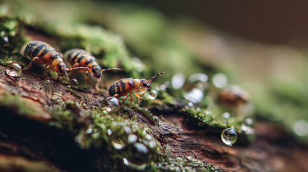 Stunning macro shot of tiny colorful insects on a wooden surface adorned with dew drops, highlighting the intricate details of nature's small wonders.の素材