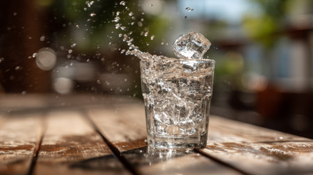 A beautifully captured moment of water splashing in a glass with an ice cube, creating an energetic and refreshing scene in a sunny outdoor setting.の素材