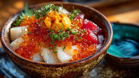 A vibrant seafood bowl featuring a medley of fresh fish, salmon roe, and sea urchin, artfully garnished and presented in a rustic bowl. Perfect for food lovers.の素材