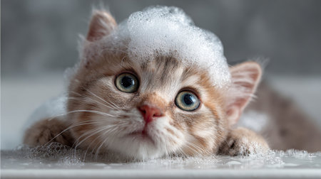A charming kitten with bubbles playfully resting on its head captivates with its curious expression, making bath time a delightful and engaging moment.の素材