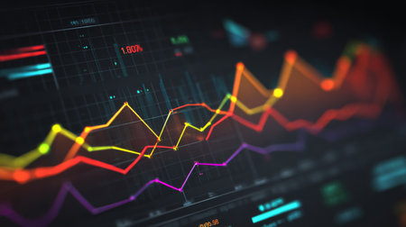 Colorful data visualization features graph lines depicting market trends and stock price fluctuations. Ideal for conveying insights in financial analysis and reporting.の素材