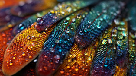 A stunning close-up image of vibrant bird feathers adorned with delicate water droplets, revealing intricate textures and a captivating array of colors found in nature.の素材