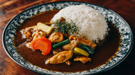 A hearty chicken curry paired with fluffy white rice and vibrant vegetables, beautifully plated for an inviting dining experience that tempts taste buds.の素材
