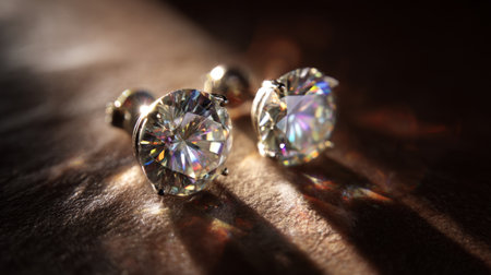 A breathtaking close-up view features diamond earrings with multicolored reflections, highlighting their exquisite cut and luxurious design against warm light.の素材