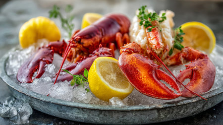 A stunning seafood platter featuring fresh lobsters garnished with slices of vibrant lemon atop a bed of ice, perfect for gourmet dining and culinary celebrations.の素材
