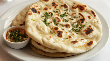 Enjoy a plate of freshly baked naan bread served with dipping sauce, garnished with herbs, perfect for enhancing any meal or enjoying as a snack.の素材