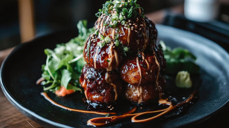 A beautifully arranged gourmet dish showcasing rich flavors and fresh ingredients, garnished with vibrant herbs and served with a side salad. Perfect for food photography.の素材