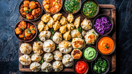 A vibrant and enticing spread of various dumplings and sauces arranged beautifully on a wooden platter, perfect for sharing during gatherings or celebrations.の素材