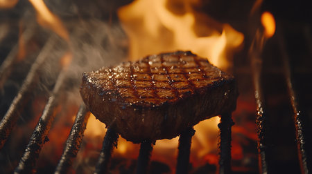 A perfectly grilled steak sizzles over open flames, emitting a tempting aroma and smoke. Ideal for food photography, cooking blogs, or culinary presentations.の素材