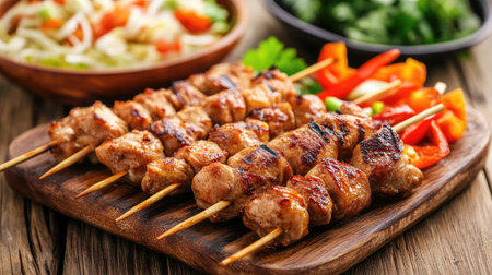 Savory grilled meat skewers served on a wooden platter alongside a vibrant array of fresh vegetables, perfect for a delicious meal or party gathering.の素材