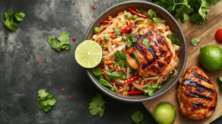 A vibrant grilled chicken bowl featuring fresh vegetables, lime, and aromatic herbs, perfect for a healthy and delicious meal that excites the palate.の素材