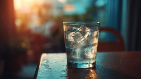 A refreshing glass filled with ice cubes sits on a table, capturing the essence of a cozy home atmosphere during golden hour, symbolizing relaxation and hydration.の素材