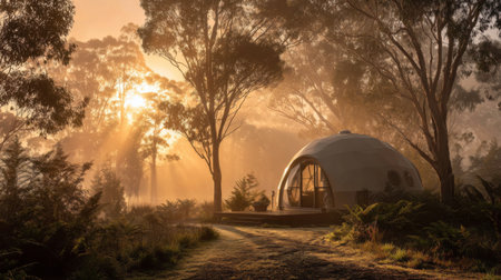 A serene modern dome home in a misty forest setting at sunrise, creating a peaceful atmosphere perfect for retreats or vacations surrounded by natureの素材