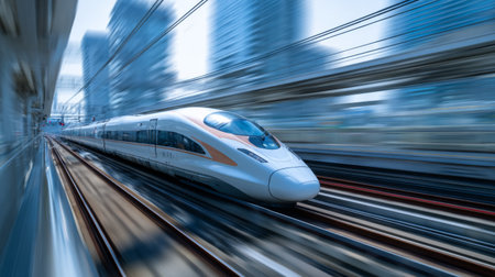 A high-speed bullet train zips through a bustling urban landscape, leaving a blur of motion. This image captures the essence of modern transportation and city life.の素材