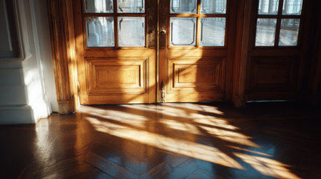 Beautiful sunlight filters through elegant wooden doors, casting enchanting shadows on a polished floor in a historic room, creating a serene and artistic atmosphere.の素材