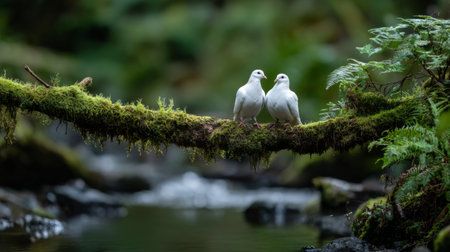 This enchanting image captures two white birds gracefully perched on a moss-covered log over a peaceful stream, surrounded by lush greenery, offering a serene glimpse into nature's beauty.の素材