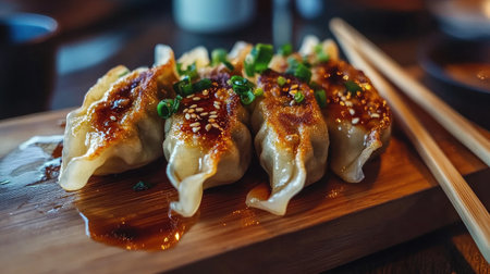 Savory dumplings served on a wooden plate with rich sauce and garnished with green onions and sesame, perfect for a delicious meal or snack.の素材