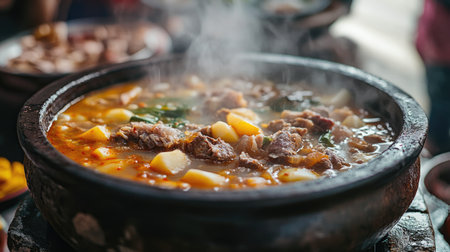 A flavorful steaming stew prepared in a traditional pot, showcasing fresh ingredients and inviting aroma. Perfect for food enthusiasts and culinary lovers.の素材