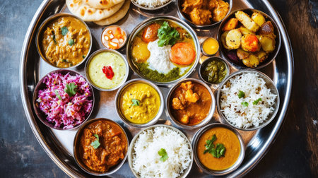 A tempting array of Indian dishes presented on a traditional platter, featuring colorful curries, rice, naan, and fresh vegetables that celebrate culinary diversity.の素材