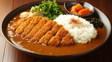 A mouthwatering plate of curry rice features crispy chicken strips, vibrant vegetables, and herbs. Ideal for showcasing delicious Asian cuisine.の素材