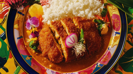 A vibrant presentation of katsu curry, featuring crispy fried chicken slices, fluffy rice, and colorful vegetable garnishes, perfect for culinary enthusiasts.の素材