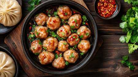 A vibrant platter of meatballs drenched in a savory sauce, garnished with fresh herbs, perfect for an inviting dinner table or restaurant menu.の素材