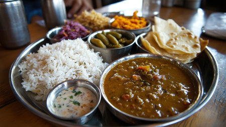 A vibrant Indian cuisine platter featuring rice, curry, vegetables, and various traditional dishes. Perfect for showcasing cultural dining experiences.の素材