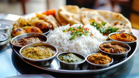 A vibrant platter showcasing authentic Indian cuisine, featuring assorted curries, rice, naan, and fresh herbs, perfect for food lovers and cultural enthusiasts.の素材