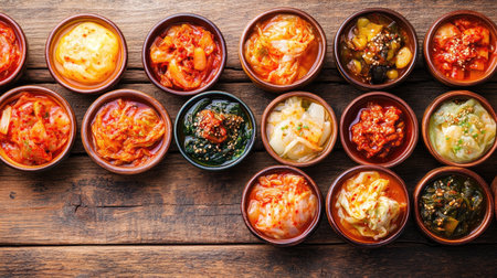 A vibrant assortment of traditional Korean side dishes served in small bowls. These colorful fermented delights showcase a variety of flavors and ingredients, perfect for any meal.の素材
