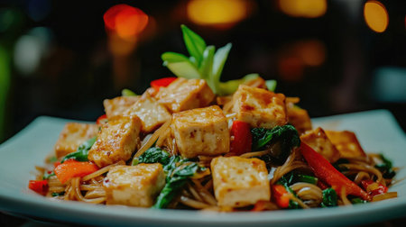 A vibrant tofu stir-fry featuring fresh vegetables and noodles, beautifully plated. Perfect for showcasing healthy eating and delicious meals.の素材