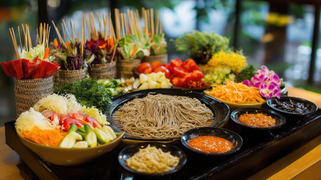 A vibrant display of fresh vegetables, herbs, and noodles arranged beautifully, perfect for showcasing a colorful and healthy culinary experience.の素材