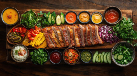 A vibrant barbecue meal artfully arranged on a wooden board, featuring grilled meat, fresh vegetables, and an array of colorful sauces, perfect for any gathering.の素材