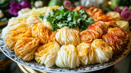 A colorful arrangement of fresh cabbage placed artfully on a platter, garnished with herbs. Perfect for showcasing healthy cuisine at events.の素材