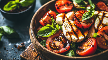 A vibrant and fresh tomato and mozzarella salad garnished with basil leaves, drizzled with balsamic glaze. Perfect for a healthy summer meal.の素材